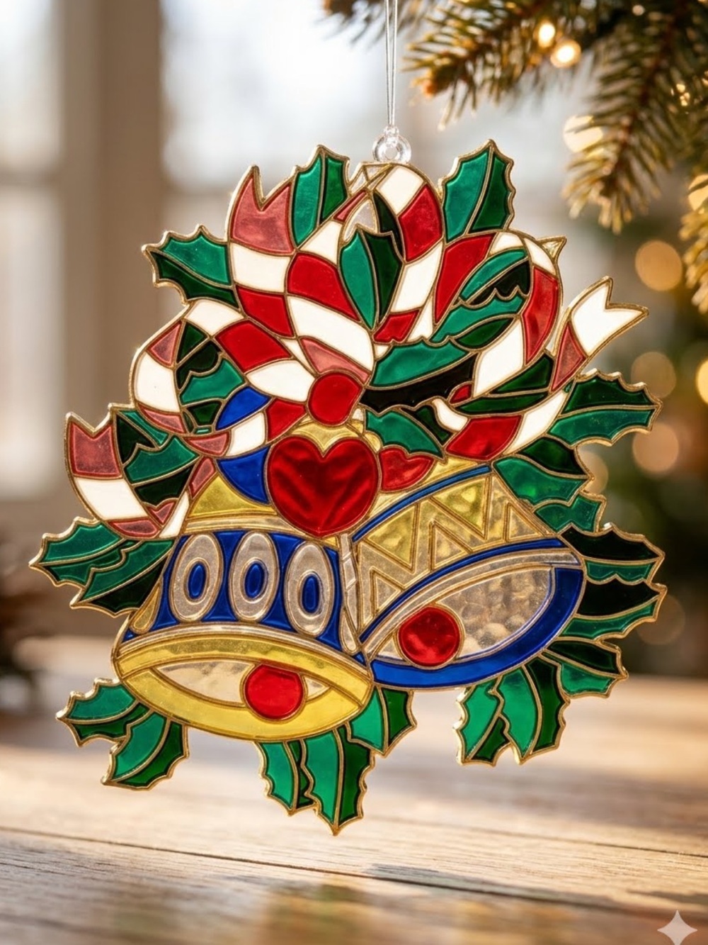 Festive Plastic Stained Glass Ornament with Bells 1980’s vintage